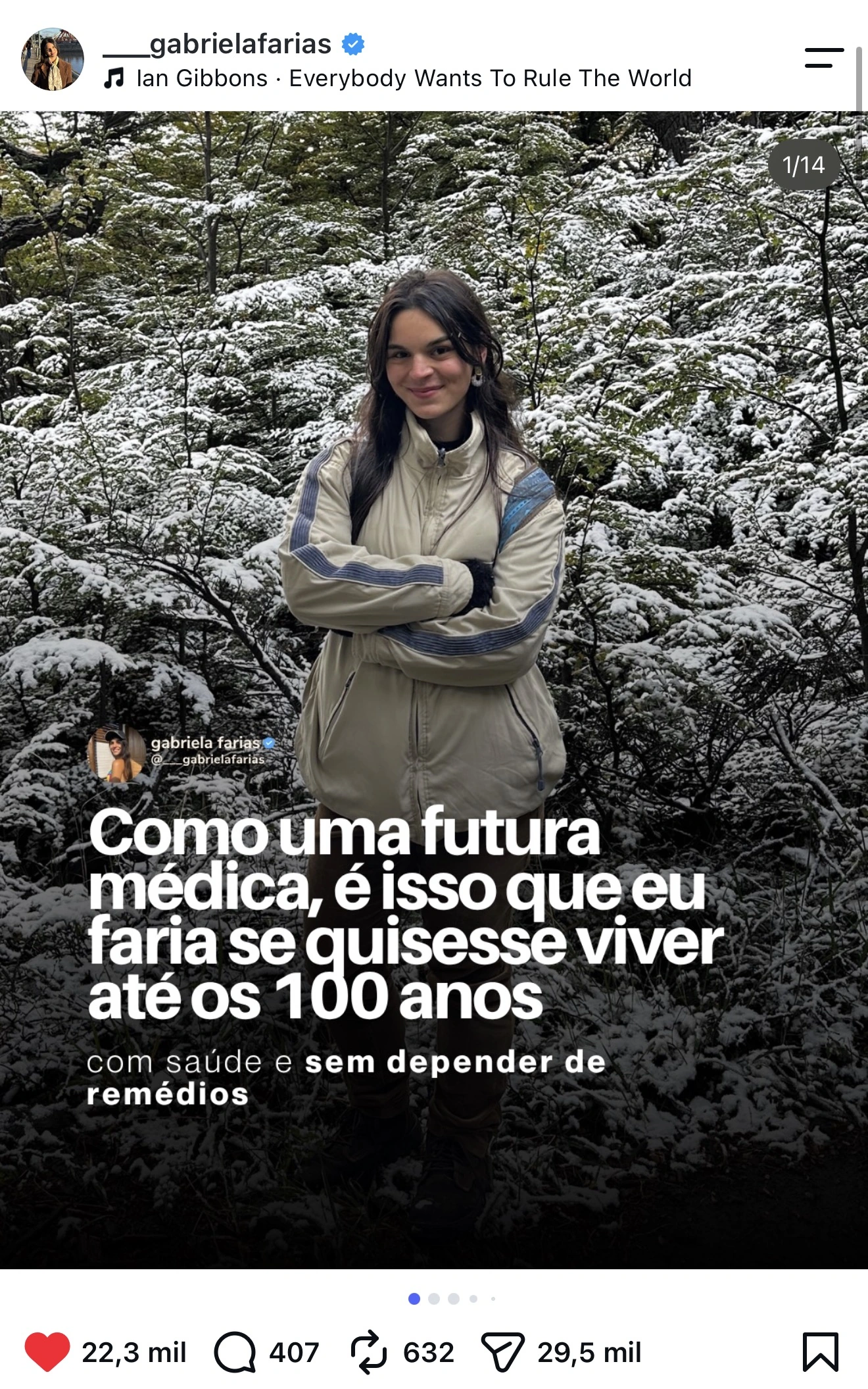Post da Gabriela Farias com 22,3 mil curtidas: Como uma futura médica, é isso que eu faria se quisesse viver até os 100 anos