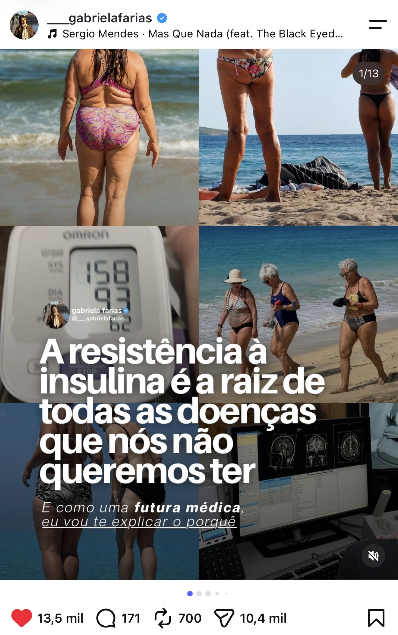 Post da Gabriela Farias com 13,5 mil curtidas: A resistência à insulina é a raiz de todas as doenças que nós não queremos ter