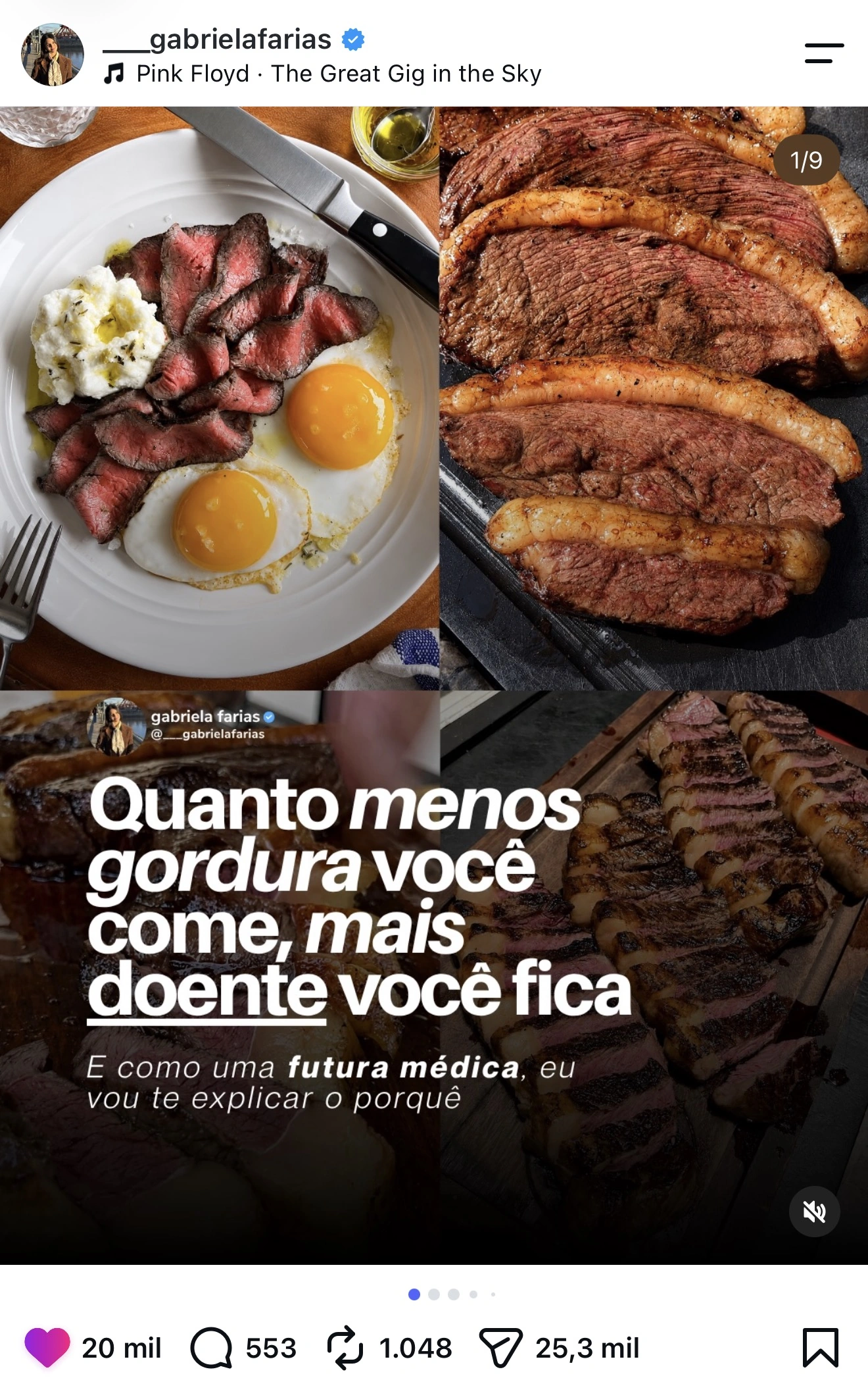 Post da Gabriela Farias com 20 mil curtidas: Quanto menos gordura você come, mais doente você fica