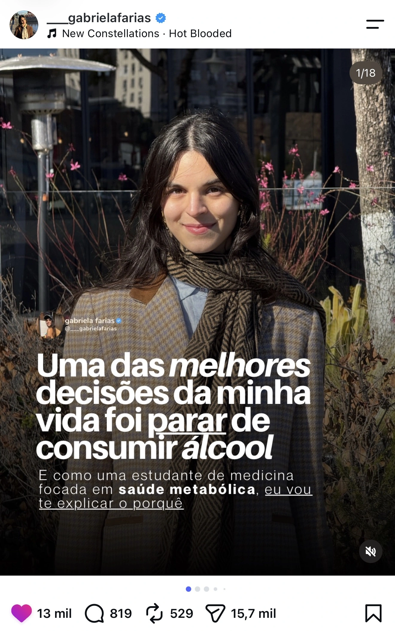 Post da Gabriela Farias com 13 mil curtidas: Uma das melhores decisões da minha vida foi parar de consumir álcool
