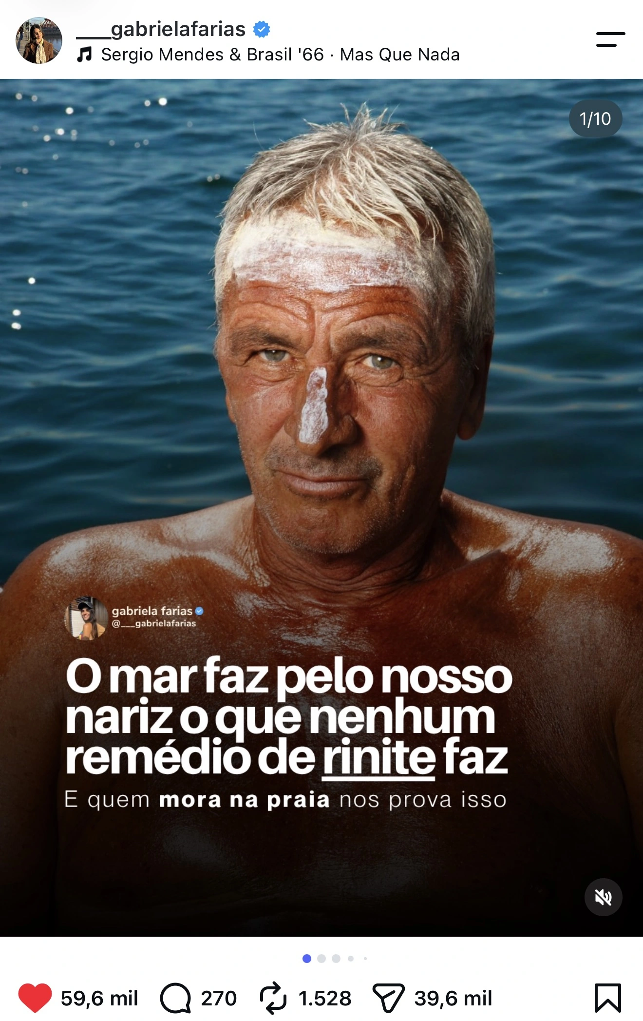 Post da Gabriela Farias com 59,6 mil curtidas: O mar faz pelo nosso nariz o que nenhum remédio de rinite faz