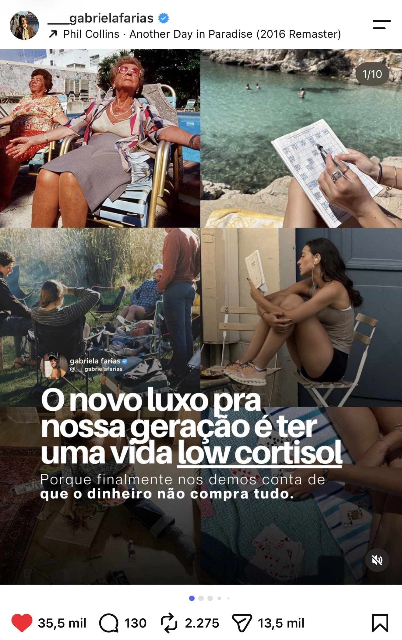Post da Gabriela Farias com 35,5 mil curtidas: O novo luxo pra nossa geração é ter uma vida low cortisol