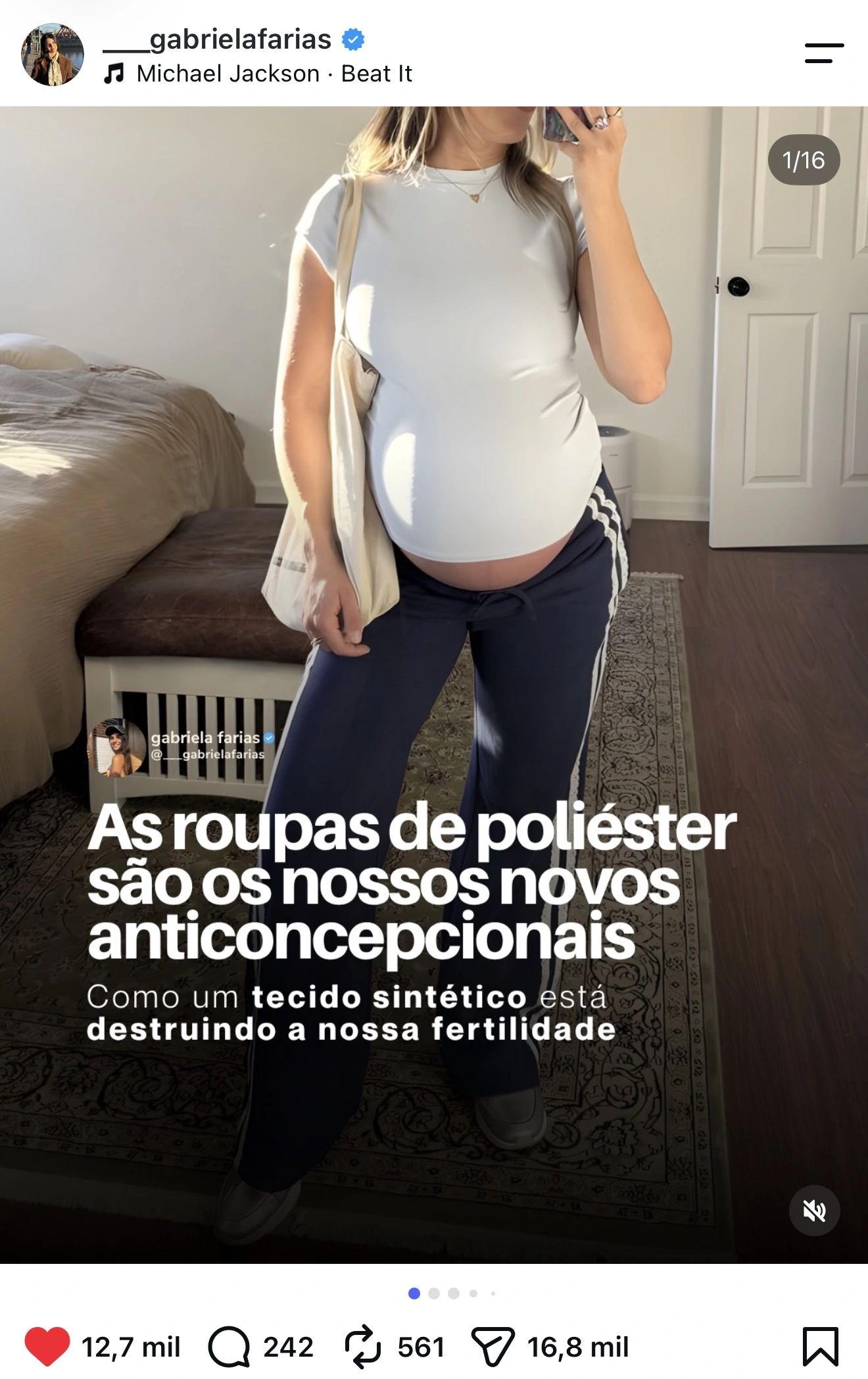 Post da Gabriela Farias com 12,7 mil curtidas: As roupas de poliéster são os nossos novos anticoncepcionais