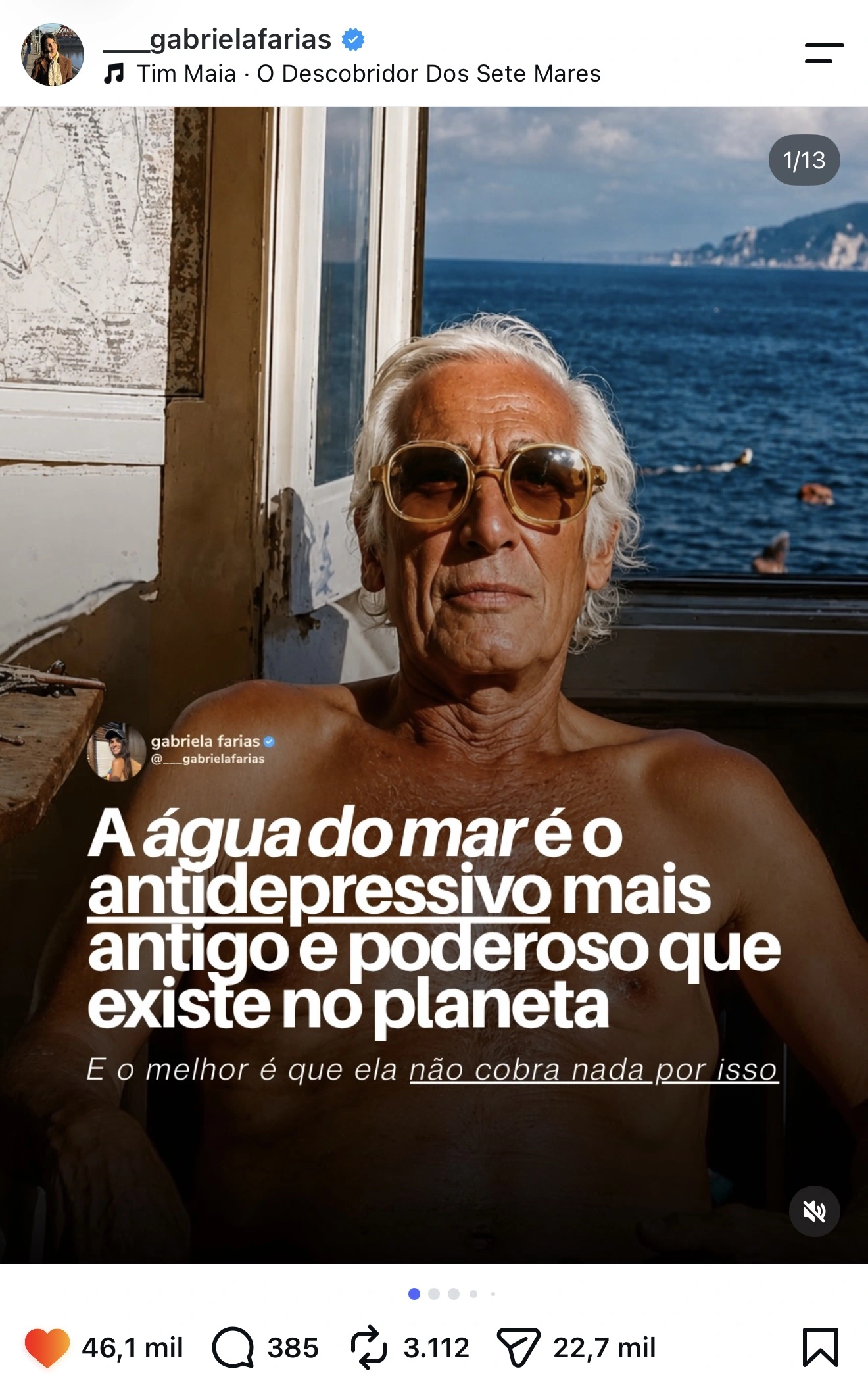 Post da Gabriela Farias com 46,1 mil curtidas: A água do mar é o antidepressivo mais antigo e poderoso que existe no planeta