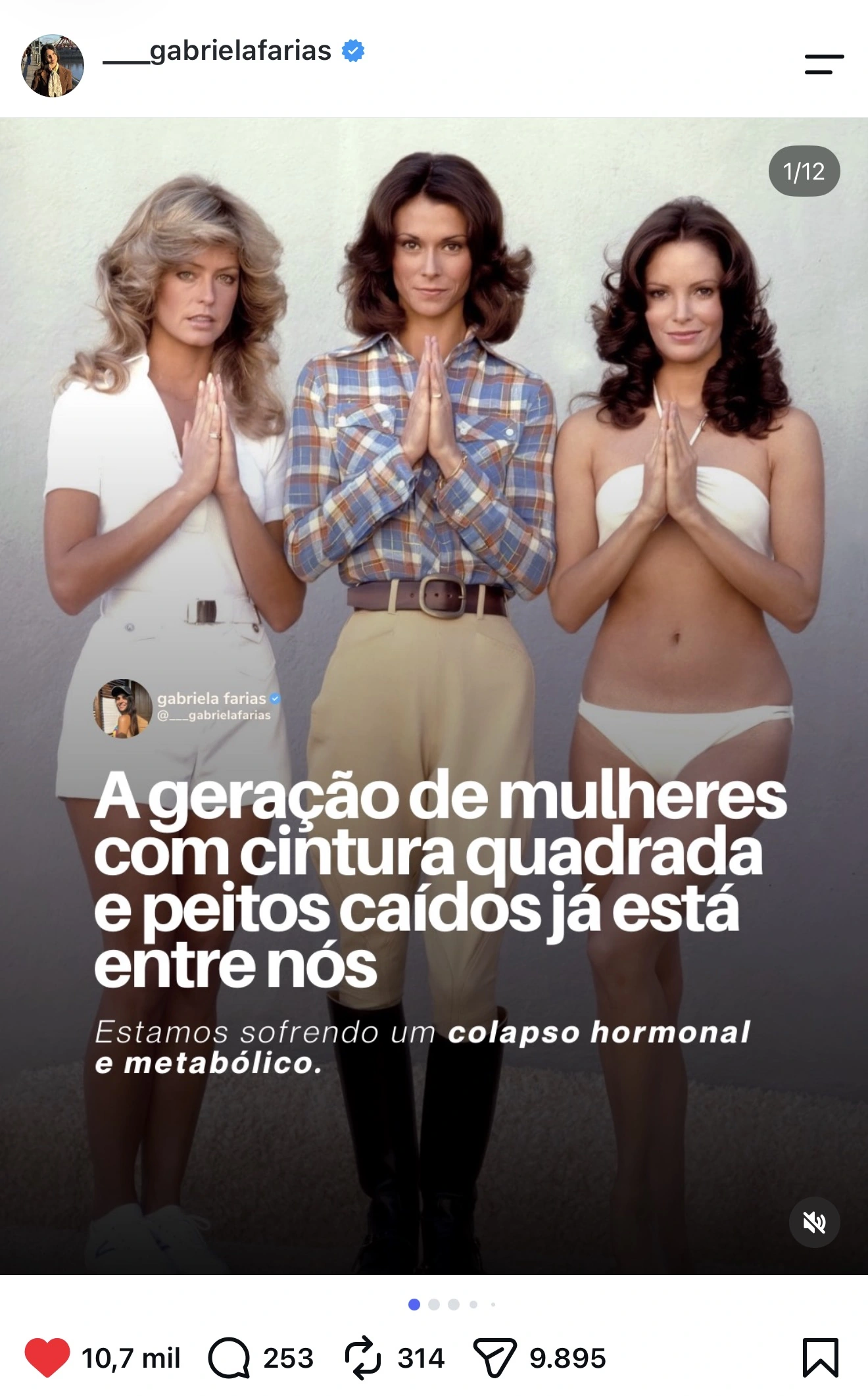 Post da Gabriela Farias com 10,7 mil curtidas: A geração de mulheres com cintura quadrada e peitos caídos já está entre nós