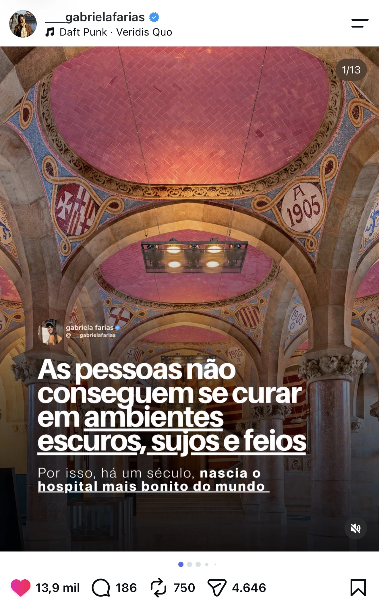 Post da Gabriela Farias com 13,9 mil curtidas: As pessoas não conseguem se curar em ambientes escuros, sujos e feios